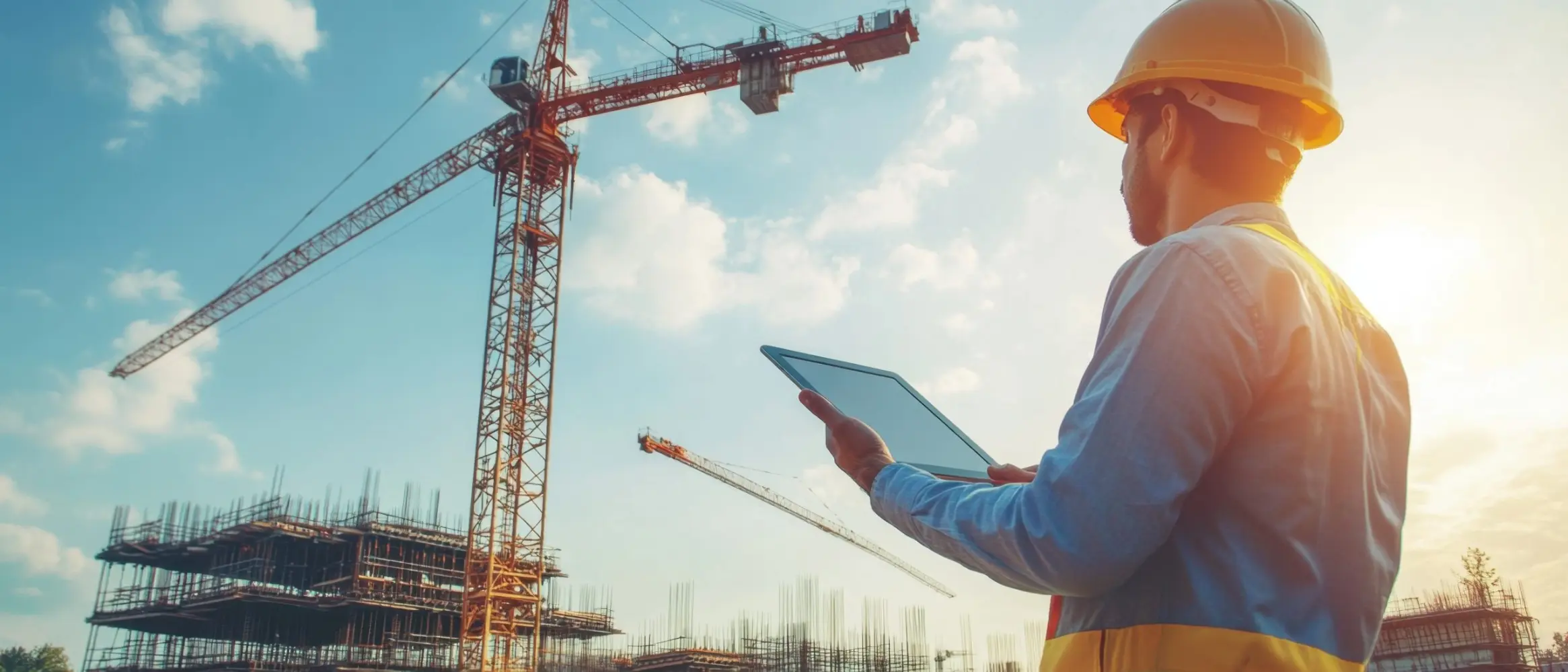 Indian engineer checking construction site with a tablet modern equipment and tools construction cranes in the background worksite safety